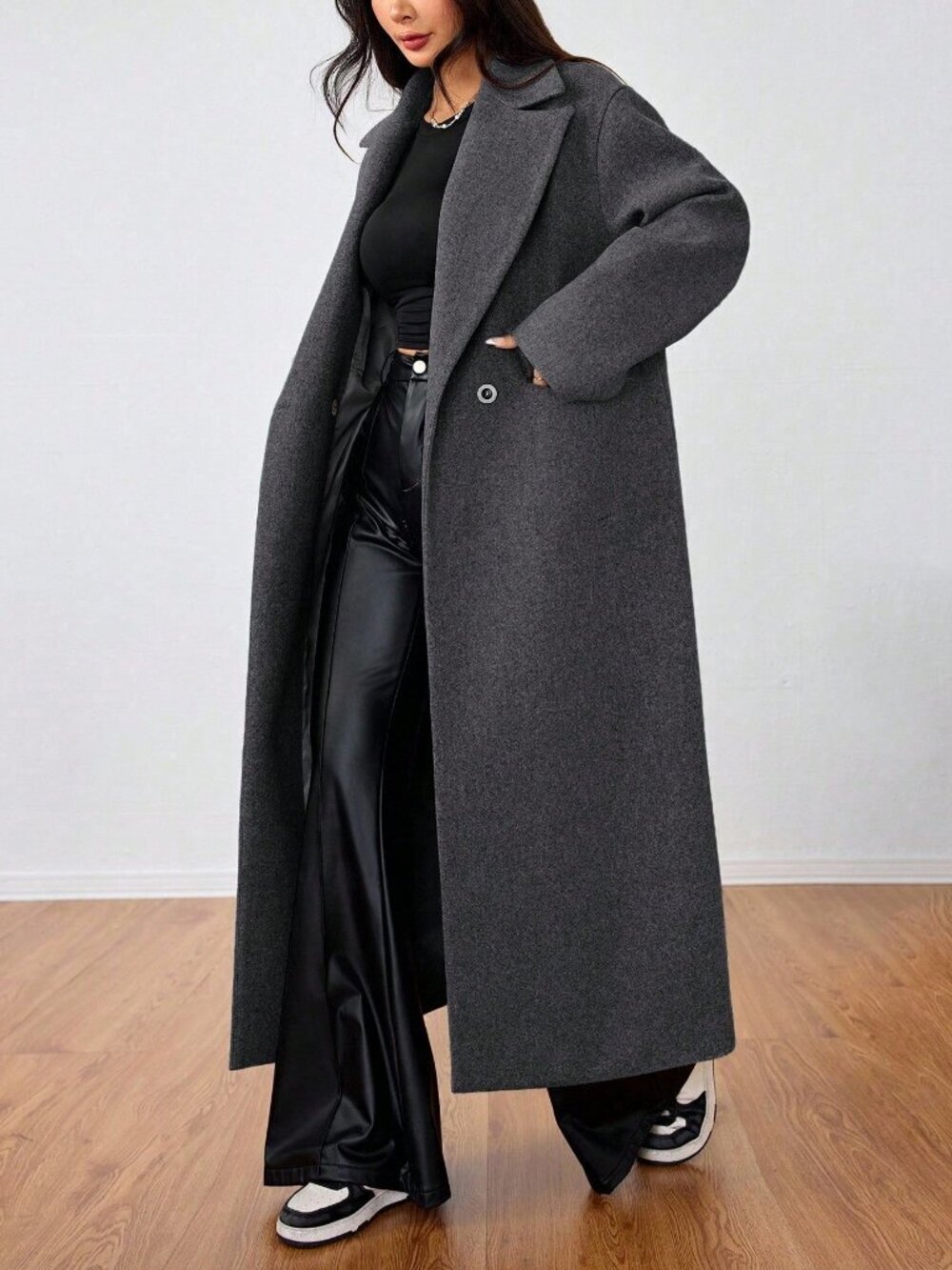 Dark Grey Casual Women's Lapel Long Overcoat jacket coat